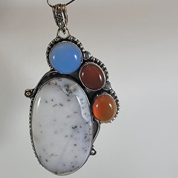 Gemstone Pendant Necklace – Opal, Carnelian & Chalcedony + 20" Silver Chain - Picture 2 of 10